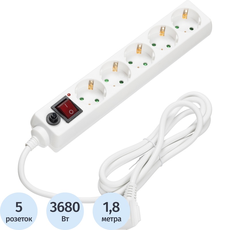 Изображение товара Сетевой фильтр BigTech CD5-1.8W15 на 5 розеток с длиной шнура 1.8 метра
