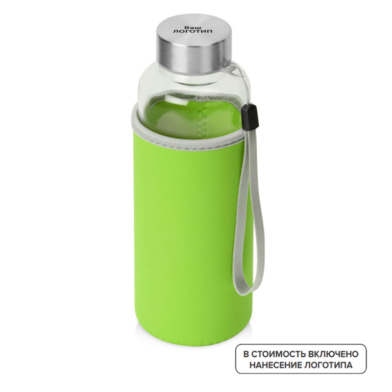 Изображение товара Бутылка Pure стеклянная в зеленом чехле 420 мл с индивидуальной гравировкой (25 штук в упаковке)