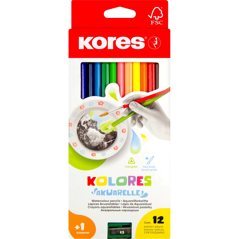 Изображение товара Карандаши акварельные Kores Akuarelle трёхгранные 12 цветов с кистью и точилкой