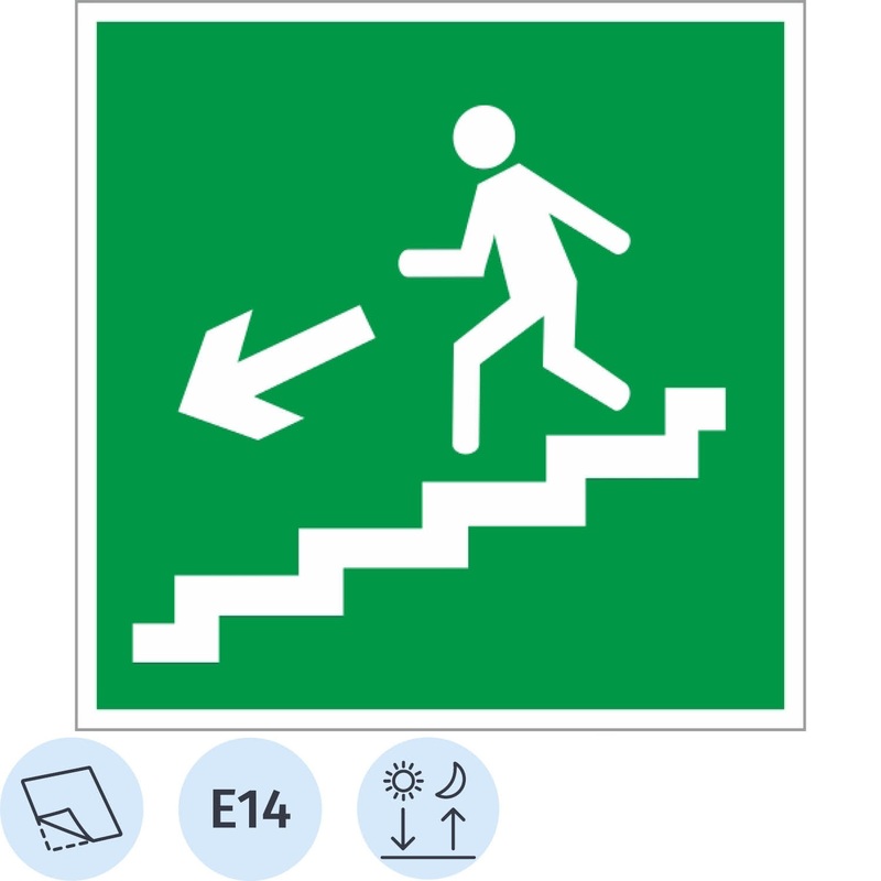 Изображение товара Знак безопасности Направление к эвакуационному выходу по лестнице вниз E14 200х200 мм