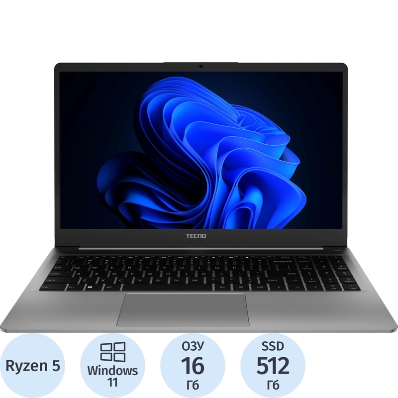 Изображение товара Ноутбук Tecno MegaBook K15SDA 15.6" серый AMD Ryzen 5 7430U/16 ГБ/SSD 512 ГБ (71005000257)