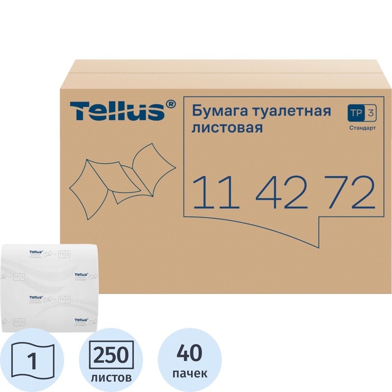 Изображение товара Туалетная бумага листовая Tellus (Торк) T3 1-слойная белая 40 пачек по 250 листов