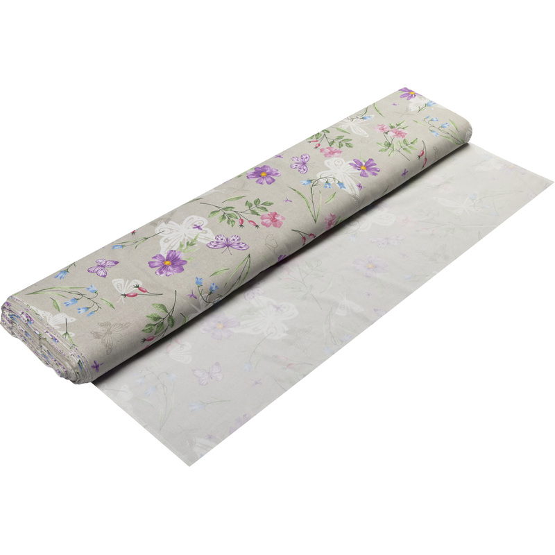 Изображение товара Ткань рогожка Бабочки и цветы 150 см x 55 м 165-175 г/кв.м серая