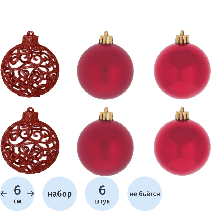 Изображение товара Набор ёлочных шаров Вензель пластик красный 6 шт диаметр 6 см