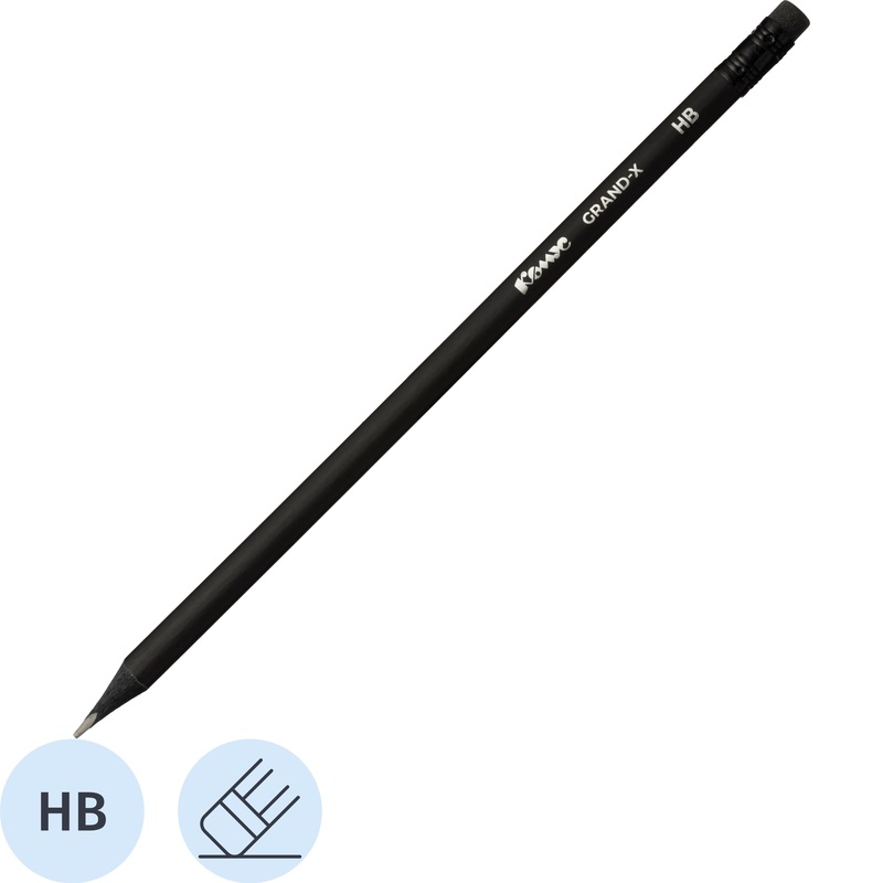 Изображение товара Карандаш чернографитный деревянный HB с ластиком Комус Grand-X заточенный трехгранный