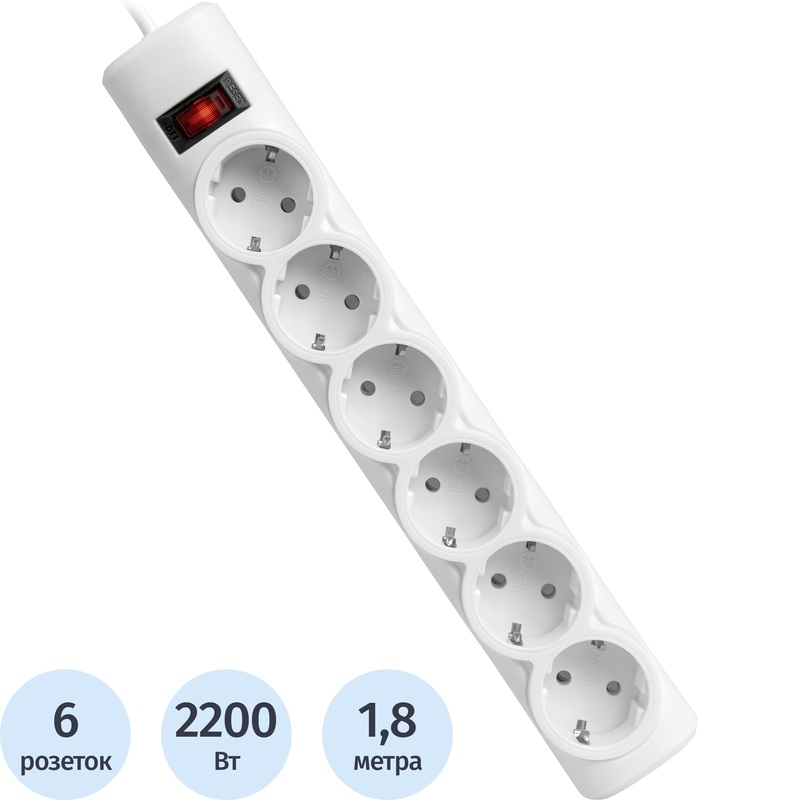 Изображение товара Сетевой фильтр Defender DFS 151 на 6 розеток 1.8 метра белый
