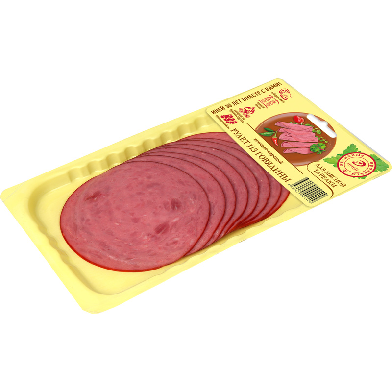 Изображение товара Рулет Иней из говядины варёно-копчёный 80 г нарезка Россия