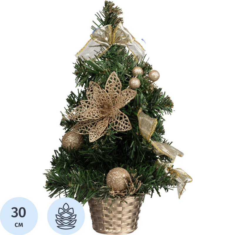Изображение товара Искусственная настольная ёлка с украшениями 30 см, золото-зеленая