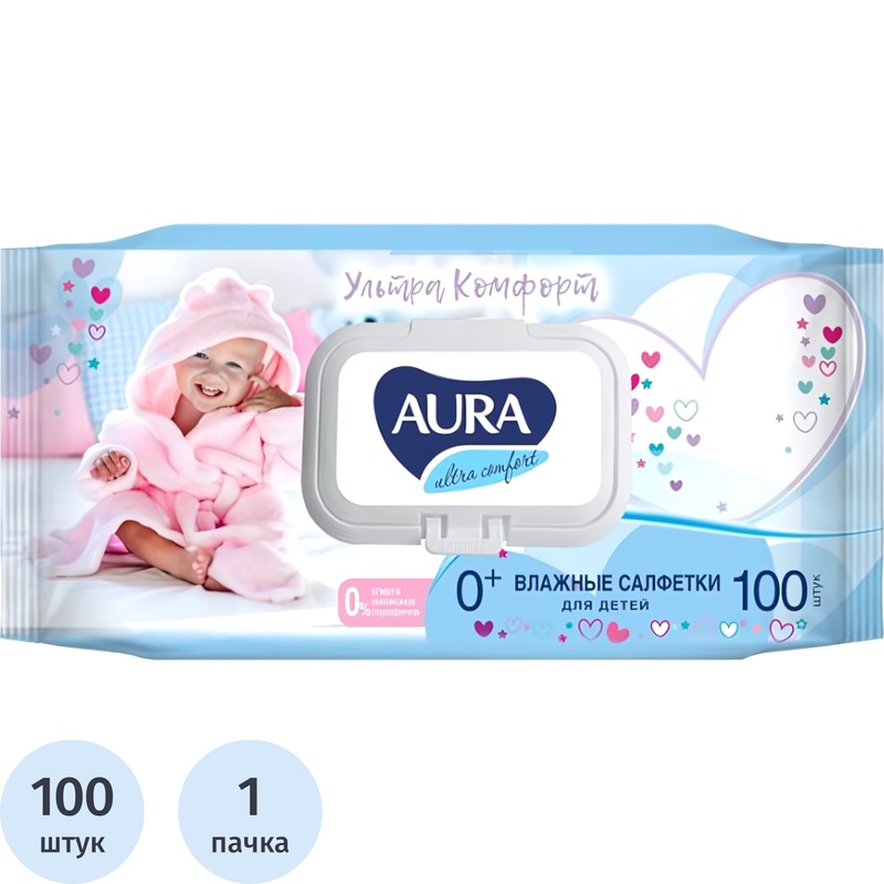 Изображение товара Детские влажные салфетки Aura Ultra Comfort флоупак 100 листов без спирта