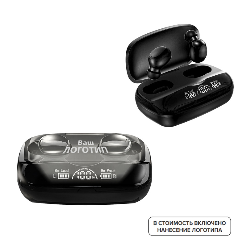 Изображение товара Наушники беспроводные Wally чёрные с индивидуальной цветной печатью (10 штук в упаковке)
