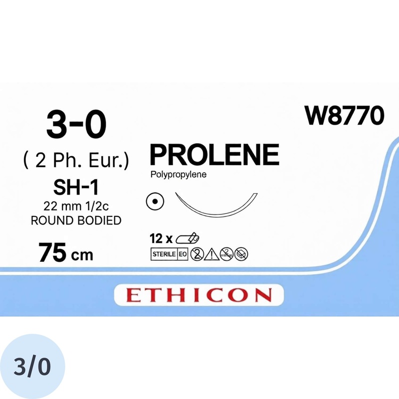 Изображение товара Шовный материал хирургический нерассасывающийся Пролен USP 3/0 75 см колющая игла 22 мм 1/2 (12 штук в упаковке)
