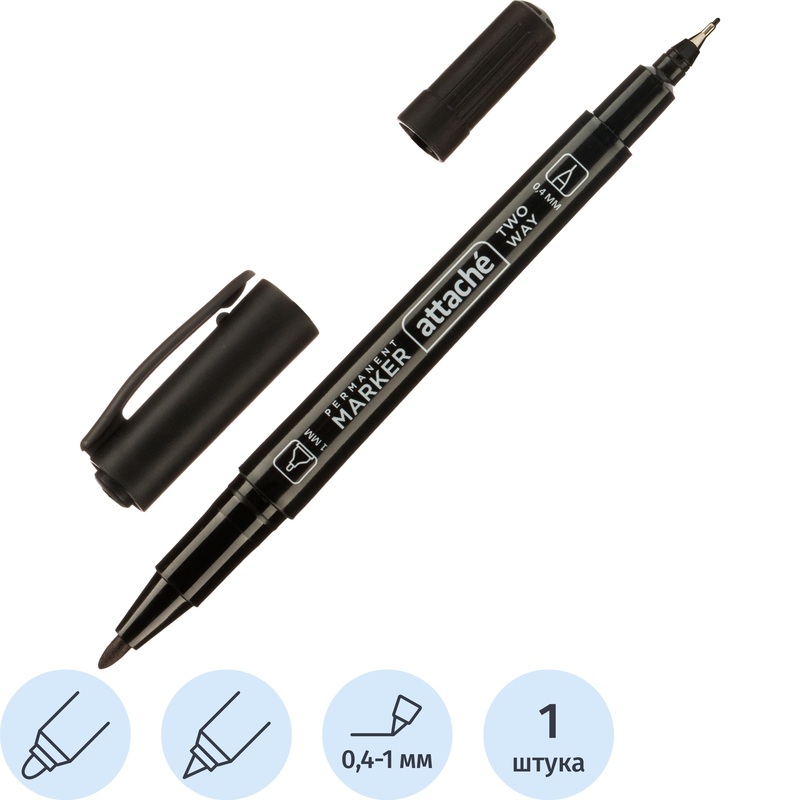Изображение товара Маркер перманентный Attache двухсторонний чёрный круглый/игольчатый наконечник (толщина линии 0.4-1 мм)