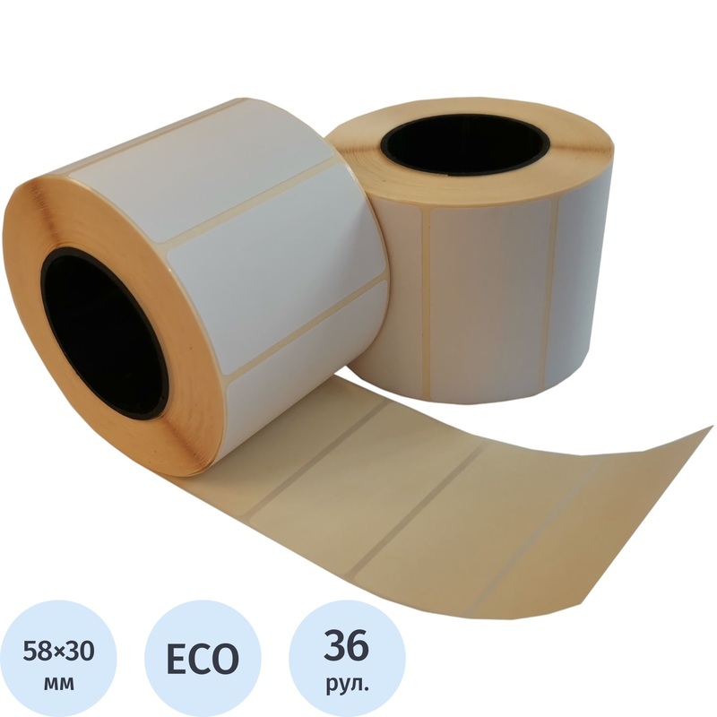 Изображение товара Термоэтикетки 58х30 мм ЭКО 36 рулонов по 900 этикеток для прямой термопечати
