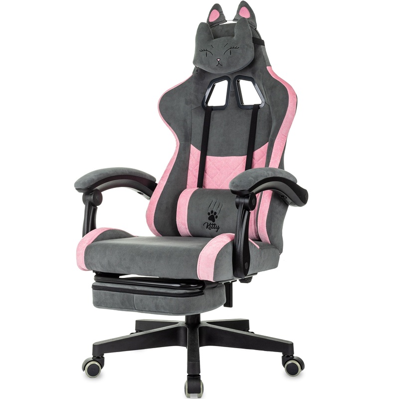 Изображение товара Игровое кресло KITTY/F серое/розовое из велюра с подножкой и поддержкой Изображение товара Игровое кресло KITTY/F серое/розовое из велюра с подножкой и поддержкой