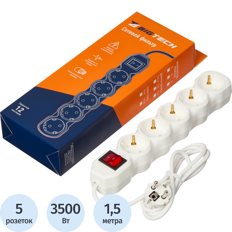Изображение товара Сетевой фильтр BigTech ST516-1.5-W на 5 розеток
