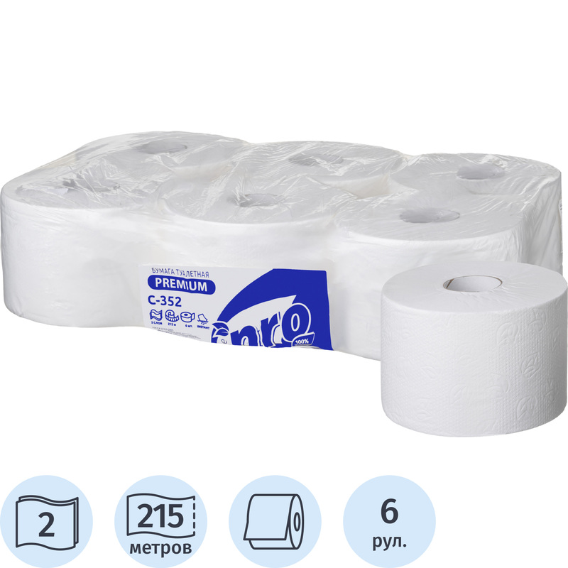 Изображение товара Бумага туалетная рулонная Protissue 2 слоя С352 6 рулонов по 215 м