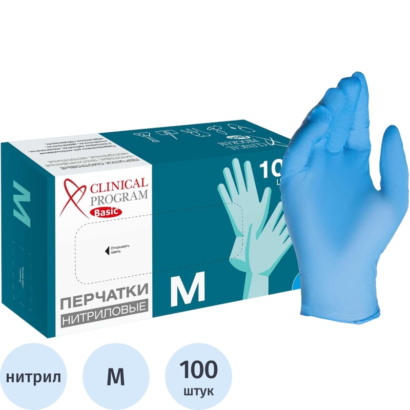 Изображение товара Перчатки медицинские смотровые нитриловые Clinical Program Basic нестерильные неопудренные размер M (7-8) голубые (50 пар/100 штук в упаковке)