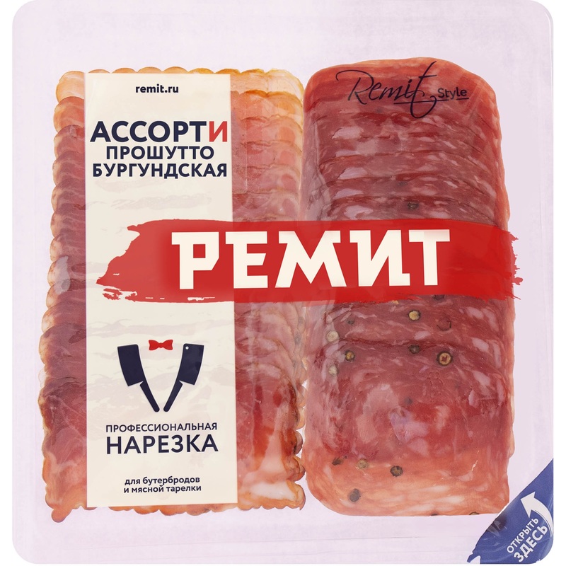 Изображение товара Колбаса Ремит Ассорти Прошутто и Бургундская сырокопчёная нарезка 100 г