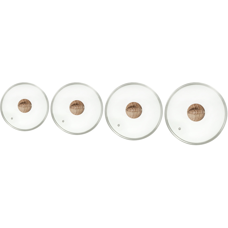 Изображение товара Набор стеклянных крышек Panairo Wood 22-28 см с металлическим ободком