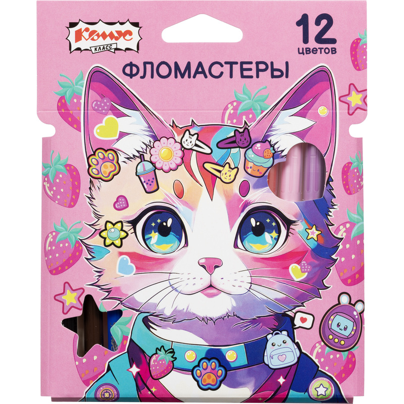 Изображение товара Фломастеры Комус Класс Kitty stickers 12 цветов с вентилируемыми колпачками смываемые