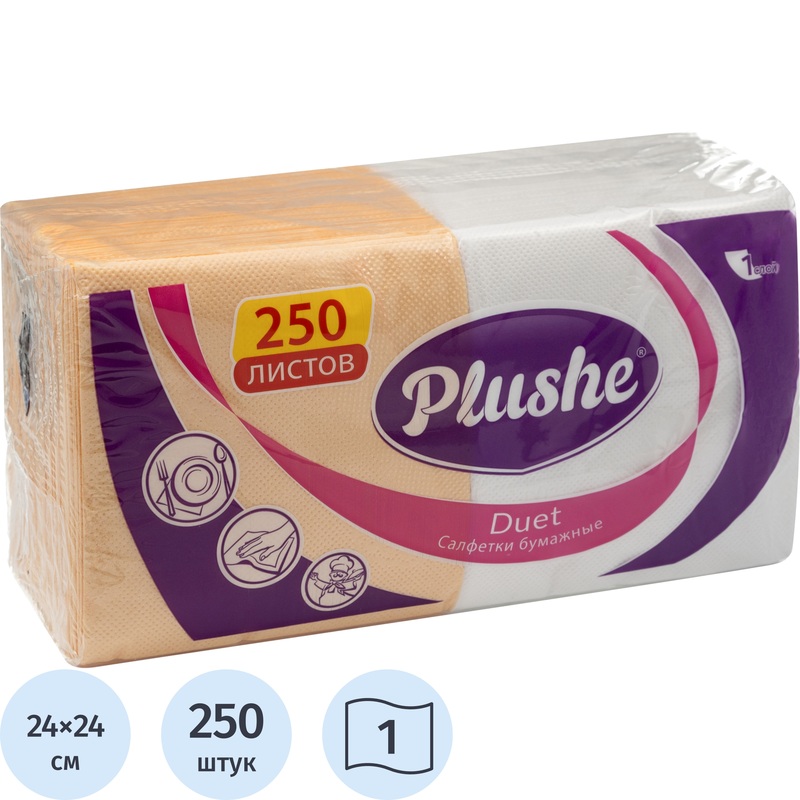 Изображение товара Салфетки бумажные Plushe Duet 1-слойные 24х24 см (250 листов в пачке)