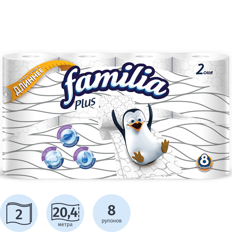 Изображение товара Бумага туалетная Familia Plus 2-слойная белая 8 рулонов