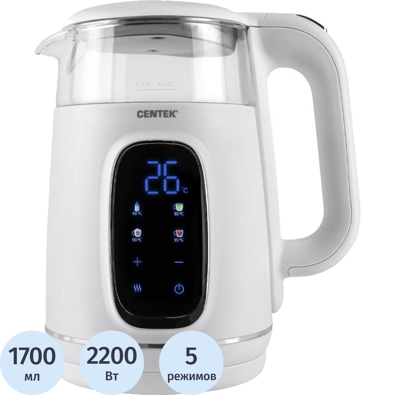 Изображение товара Электрический чайник Centek CT-0052 белый 1700 мл 2200 Вт
