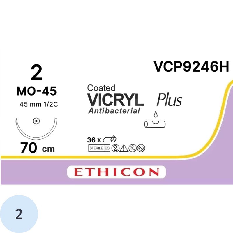 Изображение товара Шовный материал хирургический рассасывающийся Ethicon Викрил плюс USP 2 70 см колющая игла 45 мм 1/2 VCP9246H (36 штук в упаковке) Изображение товара Шовный материал хирургический рассасывающийся Ethicon Викрил плюс USP 2 70 см колющая игла 45 мм 1/2 VCP9246H (36 штук в упаковке)