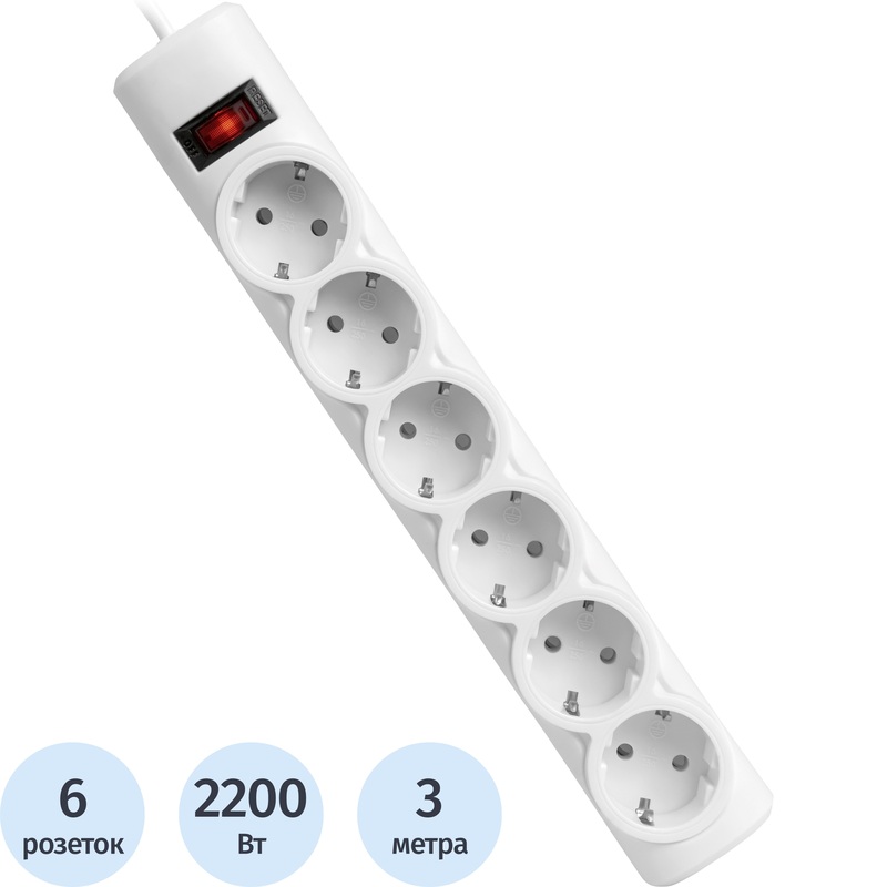 Изображение товара Сетевой фильтр Defender DFS 153 на 6 розеток 3 метра белый