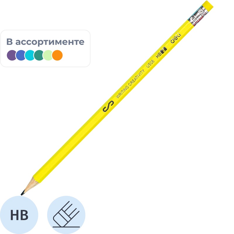 Изображение товара Карандаш чернографитный HB с ластиком Deli Scribe EU50806 заточенный шестигранный