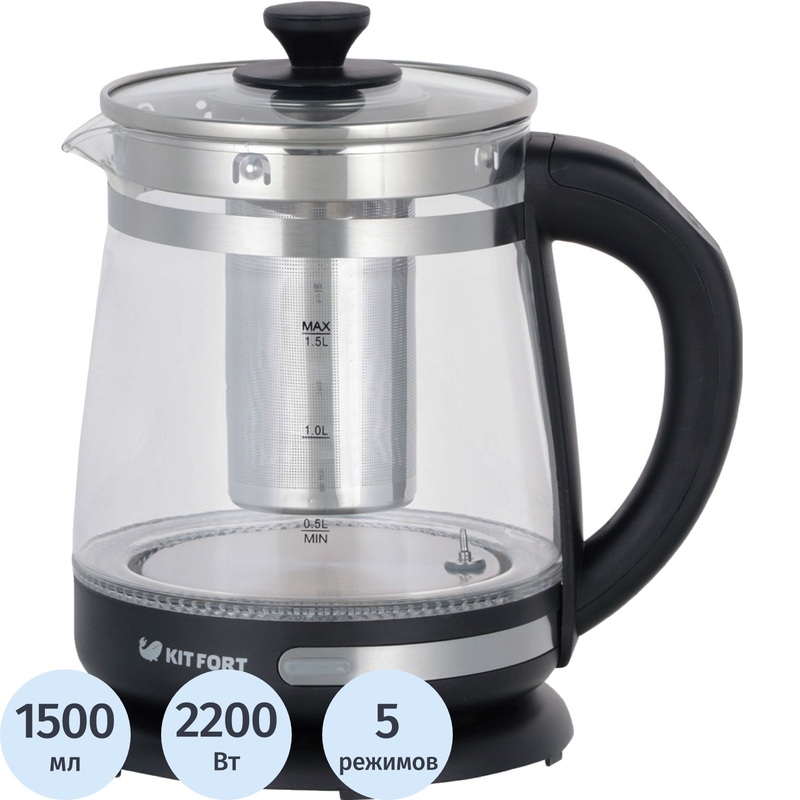 Изображение товара Чайник Kitfort KT-656 Чёрный с подсветкой и 5 режимами Изображение товара Чайник Kitfort KT-656 Чёрный с подсветкой и 5 режимами