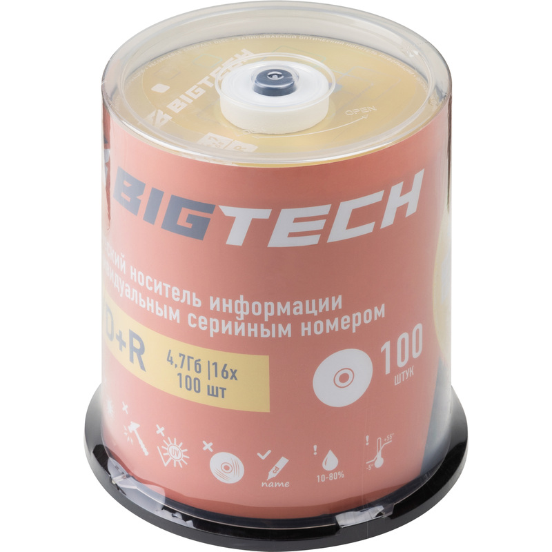 Изображение товара Диск DVD+R BigTech 4.7 ГБ 16x 100 штук в cake box недорогие носители