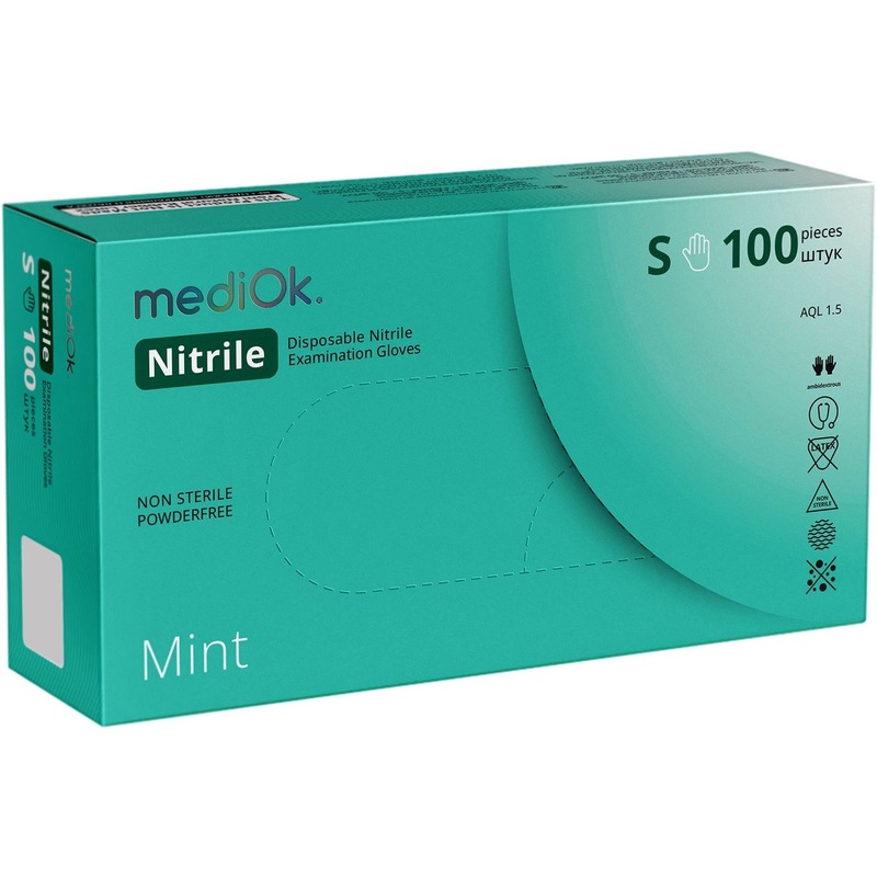 Изображение товара Медицинские нитриловые смотровые перчатки MediOk неопудренные размеры S зеленые