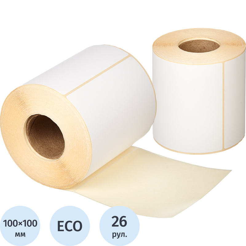 Изображение товара Термоэтикетки 100x100 мм ЭКО 26 рулонов по 500 этикеток с втулкой 40 мм