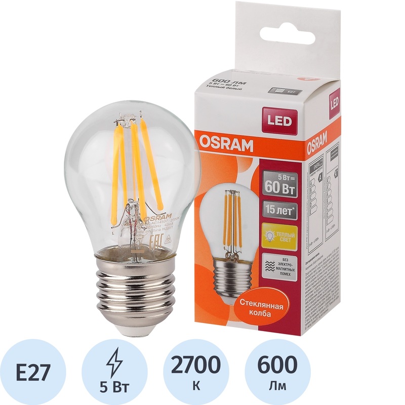 Изображение товара Светодиодная лампа Osram 5 Вт E27 2700 К 600 Лм филаментная
