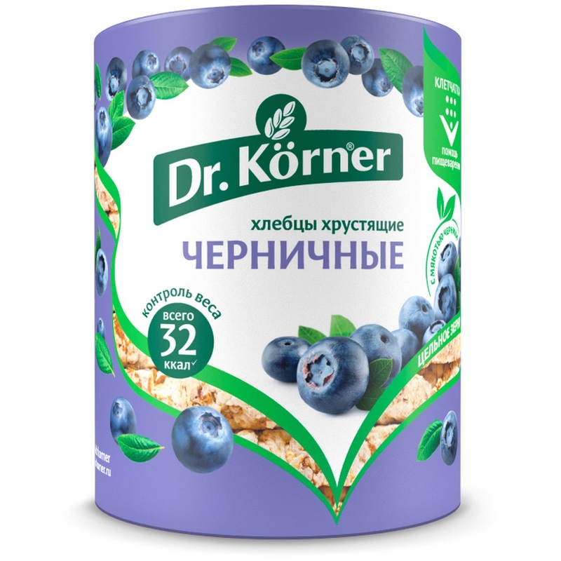 Изображение товара Злаковый коктейль черничный пшеничные хлебцы Dr.Korner 100 г натуральный вкус полезный перекус
