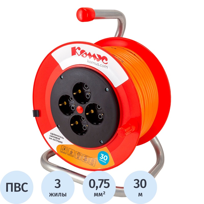 Изображение товара Удлинитель на катушке Комус ПВС 3x0.75 30 м 2200 Вт IP20