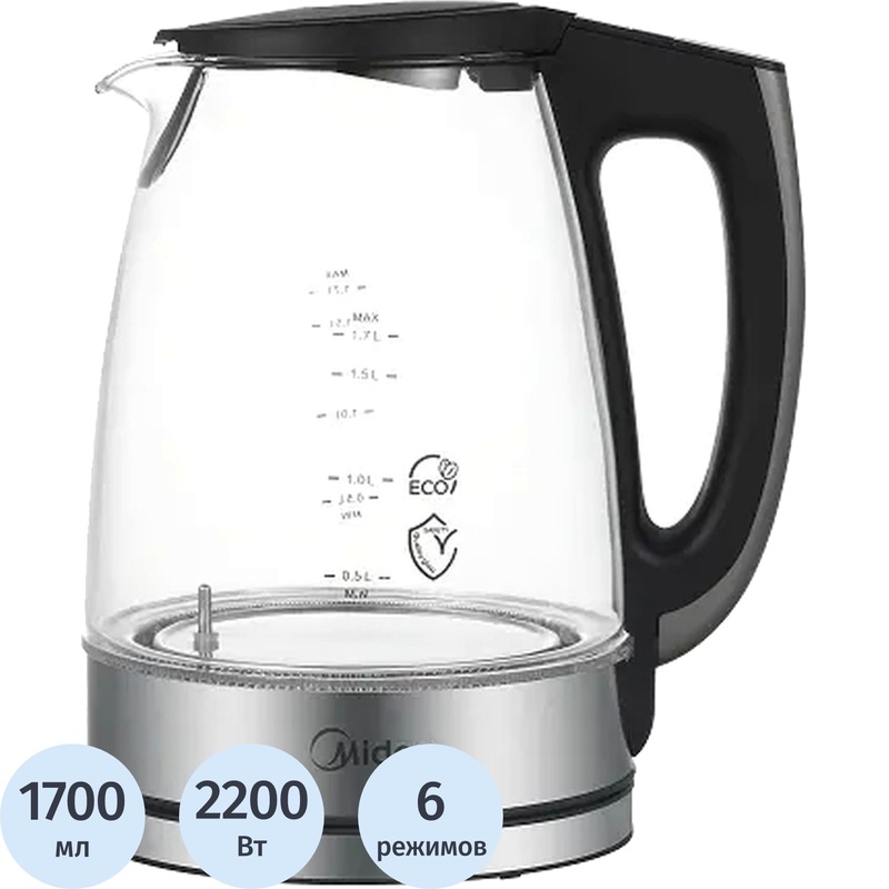 Изображение товара Электрический чайник Midea MK-8019 серебристый 1700 мл мощность 2200 Вт стеклянный