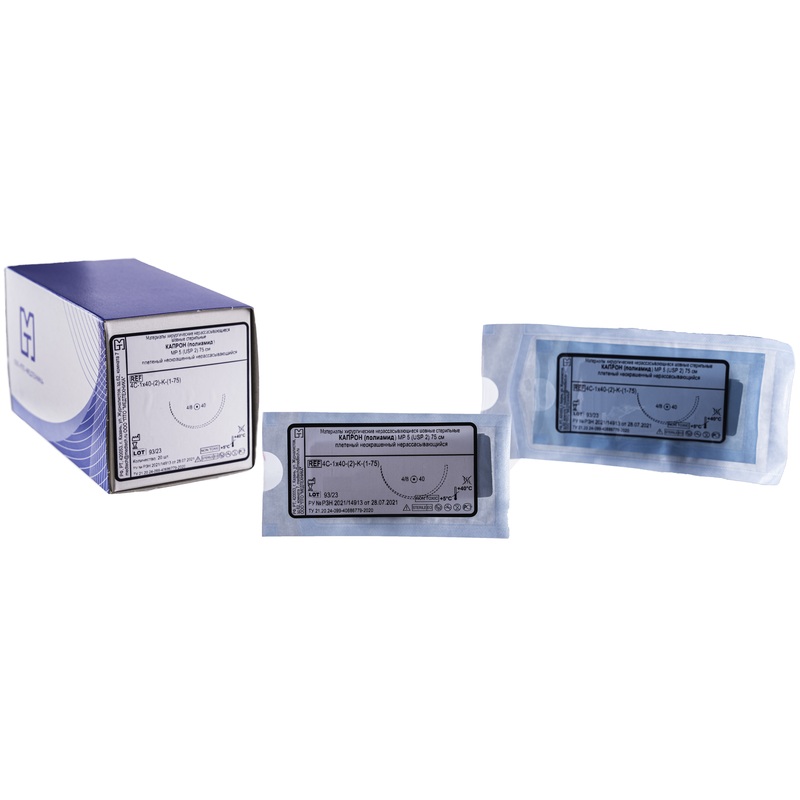 Изображение товара Шовный материал Капрон 2 75 см с колющей иглой 40 мм 20 штук