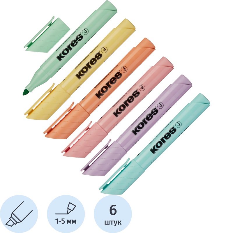 Изображение товара Набор текстовыделителей Kores High Liner Plus (толщина линии 1-5 мм, 6 цветов)