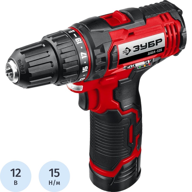 Изображение товара Уценка. Дрель-шуруповёрт аккумуляторная Зубр ДШЛ-125-21 12 В 2 Ач Li-ion с ЗУ Изображение товара Уценка. Дрель-шуруповёрт аккумуляторная Зубр ДШЛ-125-21 12 В 2 Ач Li-ion с ЗУ