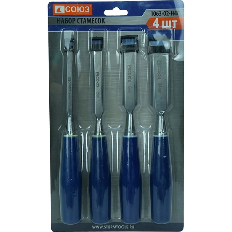 Изображение товара Набор стамесок 6, 12, 18, 24 мм УГЛЕРОД СТАЛЬ 50 HRC СОЮЗ (1063-02-H4C)