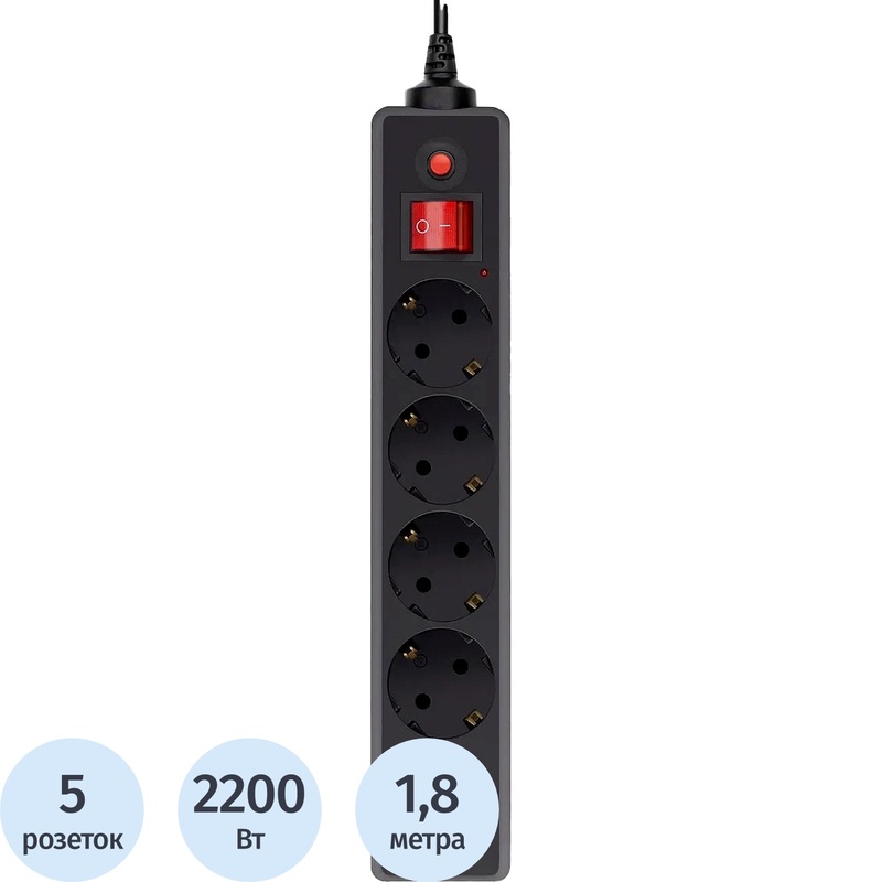 Изображение товара Сетевой фильтр Buro 500SH-1.8-UPS-B на 5 розеток 1.8 метра защита от перегрузки и короткого замыкан