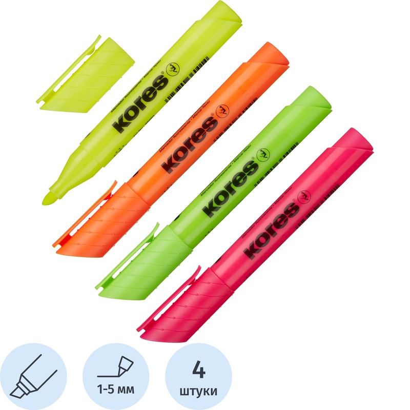 Изображение товара Набор текстовыделителей Kores 4 цвета с скошенными наконечниками