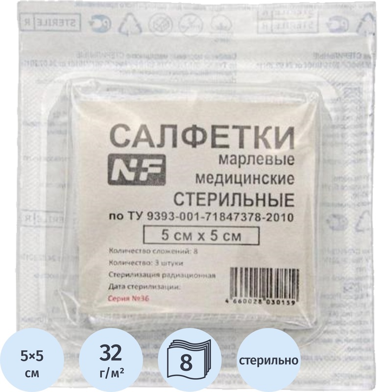 Изображение товара Салфетки марлевые стерильные 5x5 см 8-слойные 32 г/кв.м (3 штуки в упаковке)