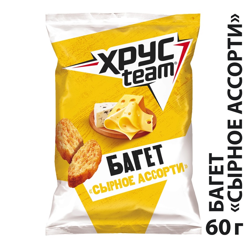 Изображение товара Сухарики Хрусteam багет со вкусом сырного ассорти 60 г хрустящие снеки