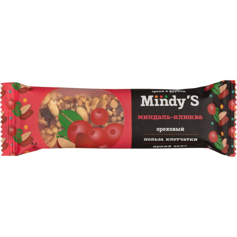 Изображение товара Батончик Mindy's с миндалем и клюквой 35 г - упаковка 30 штук