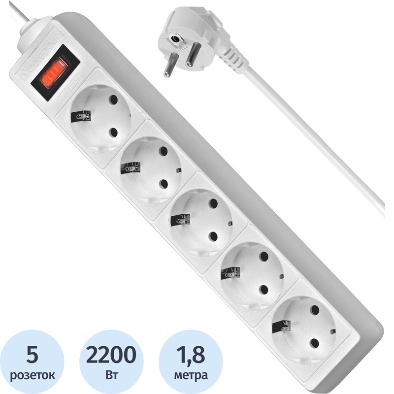 Изображение товара Сетевой фильтр Defender ES 1.8 5 розеток 1.8м белый безопасность и защита