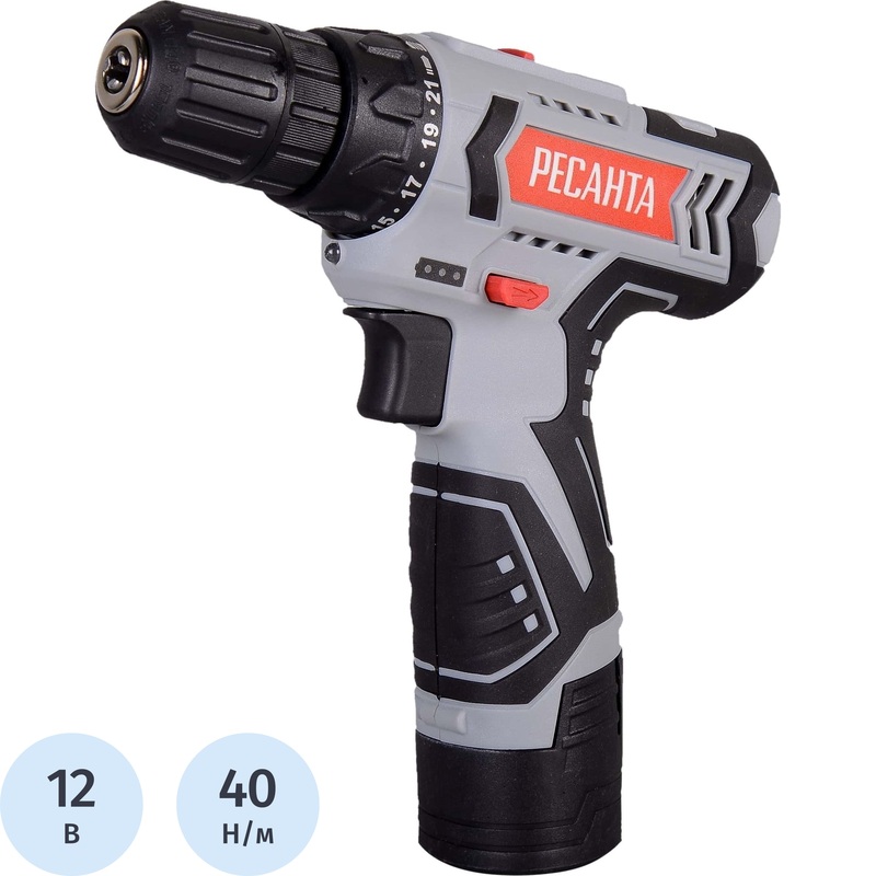 Изображение товара Дрель-шуруповёрт аккумуляторная Ресанта ДА-12-2Л АКБ х Li-ion (12В, 2 Ач)+ЗУ (75/14/1)