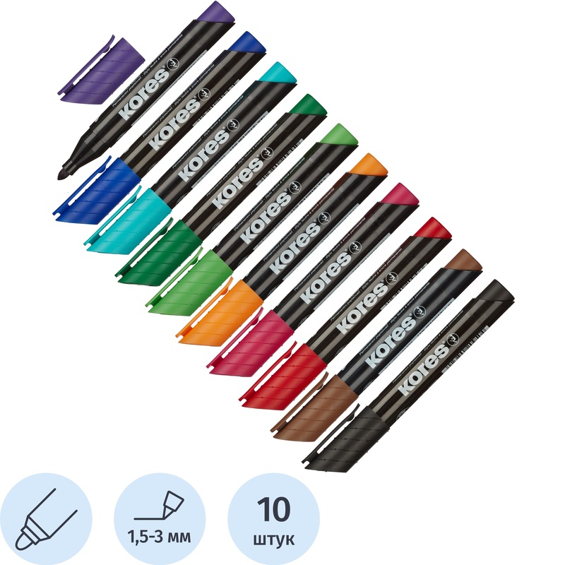 Изображение товара Набор перманентных маркеров Kores 10 цветов с круглым наконечником